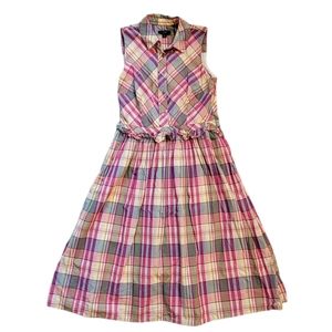 J. CREW PLAID PINK & YELLOW MIDI FLOWY A LINE BUTTON UP DRESS SLEEVELESS in SZ 4
